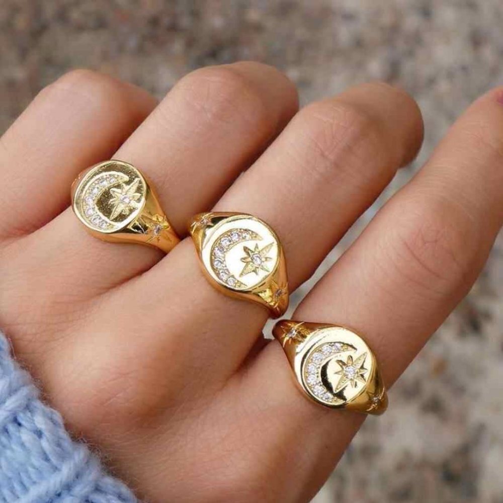 celestial signet ring moon stars chunky cz crystal
